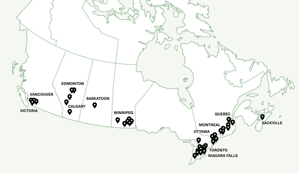 Map of Canada showing client locations stretching from coast to coast.